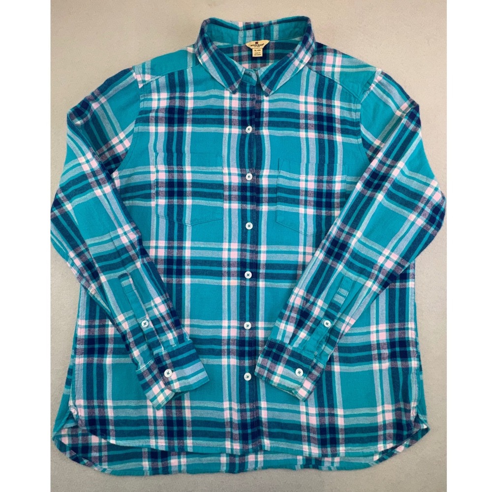 Woolrich Womens XL 100% cotton Flannel Shirt Turquoise Blue Pink Plaid